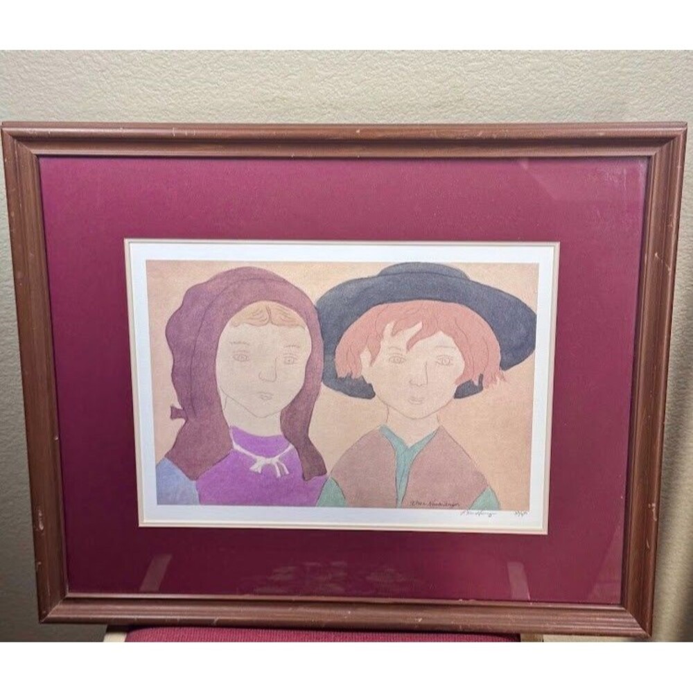 Vintage Print Framed Signed Xtian Newswanger "Amish Children" 182/3000 Folk art